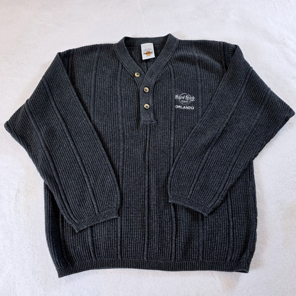 Hard Rock Cafe Orlando Mens Large Gray Cotton Waffle Knit Henley Sweater Vintage